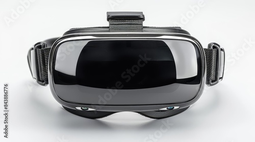 black and silver virtual reality headset on a white background