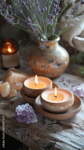 Holistic health  A serene setup with aromatherapy candles  crystals  and essential oils. 