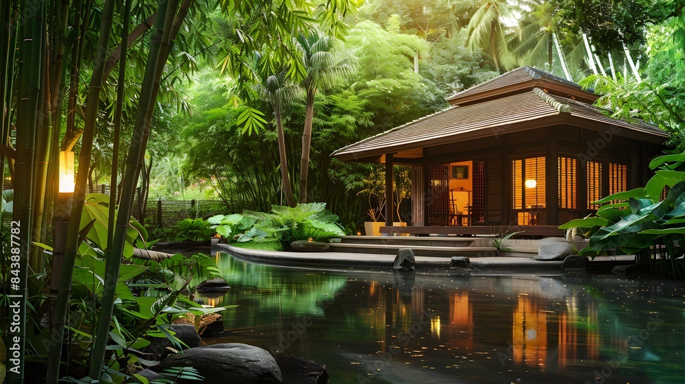 House in a cool and lush tropical forest, small lake in front, surrounded by bamboo trees and greenery House in a cool and lush tropical forest, small lake in front, surrounded by bamboo trees and greenery