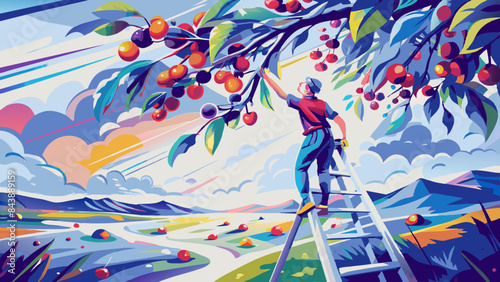 Vibrant Orchard Harvest Scene with Farmer Picking Fruit on Ladder