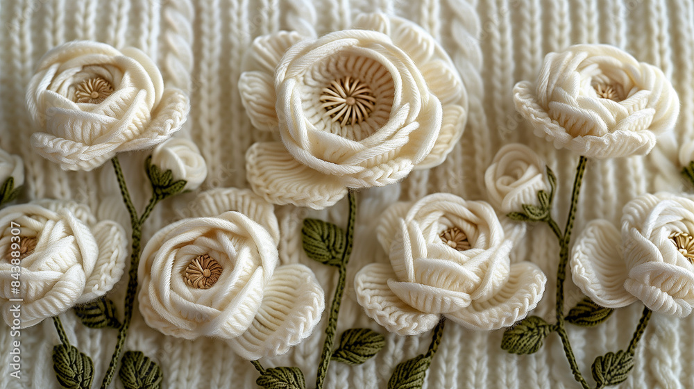 White flowers on a knitted blanket perfect for spring designs, nature backgrounds, floral patterns, and feminine aesthetic concepts. White flowers on a knitted blanket perfect for spring designs, nature backgrounds, floral patterns, and feminine aesthetic concepts.