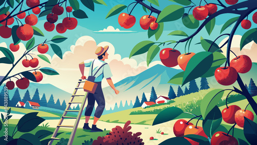 Fruit Harvest: Farmer Picking Fresh Apples in Picturesque Orchard