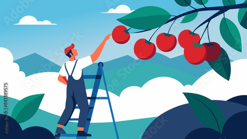 Farmer Picking Fresh Organic Apples in Orchard with Ladder