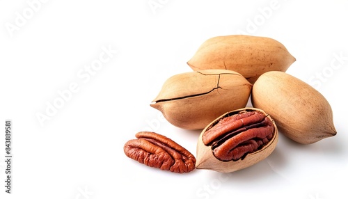 Pecan - Carya illinoinensis - eaten fresh, roasted or used in cooking, particularly in sweet desserts, such as pecan pie, a traditional Southern U.S. dish. Isolated on white background with copy space photo