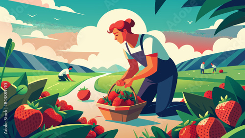 Colorful Illustration of Farmers Harvesting Strawberries in Sunny Fields