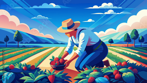Farmer Harvesting Fresh Strawberries in Sunny Rural Field