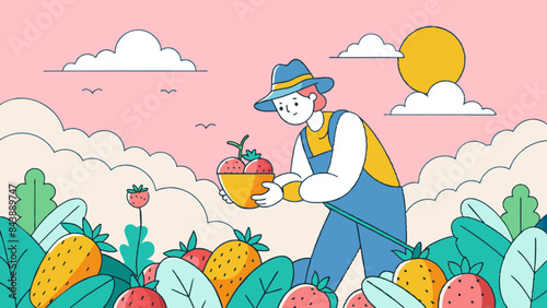 Farmer Harvesting Strawberries in Sunny Field Illustration