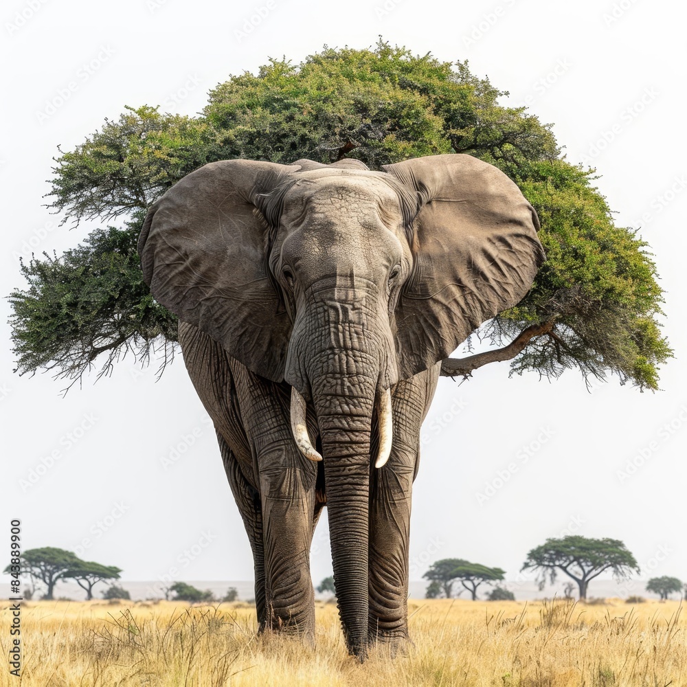 Fototapeta premium large elephant standing in a field with a tree