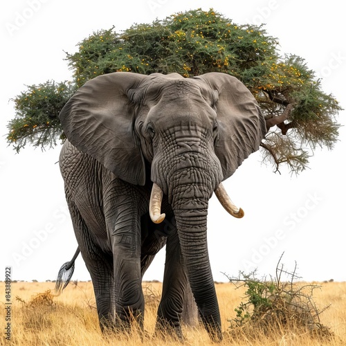 large elephant standing in a field with a tree photo
