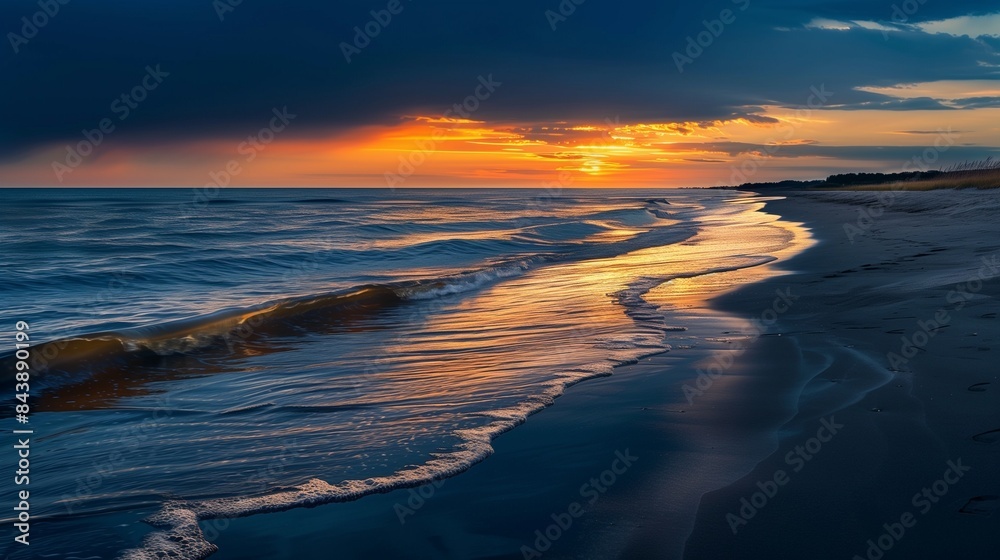 Calm beach at sunset with golden orange waves and a tranquil dark blue sky, perfect for copy space for text Calm beach at sunset with golden orange waves and a tranquil dark blue sky, perfect for copy space for text