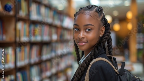 Portrait of a black schoolgirl in a school uniform with a backpack against the background of a blurred modern classroom