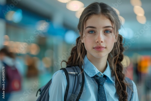 Portrait of a European schoolgirl in a school uniform with a backpack against the background of a blurred modern classroom