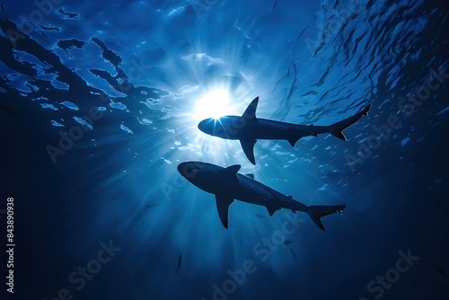 silhouette of two sharks swimming taken from below photo