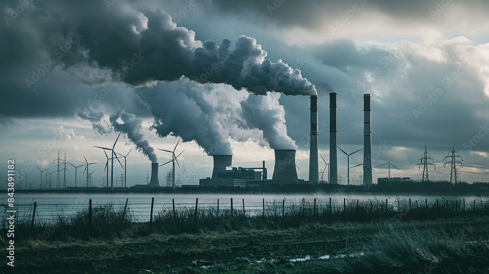 An aerial view of an industrial urban city with large smokestacks emitting thick clouds of air pollution, showing the environmental impact and effects on human health. An aerial view of an industrial urban city with large smokestacks emitting thick clouds of air pollution, showing the environmental impact and effects on human health.