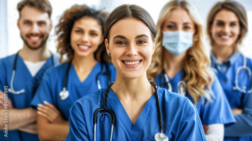 Smiling healthcare workers team in blue scrubs with protective masks