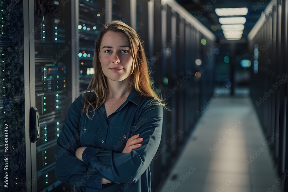 female data engineer smiling in front of a server room female data engineer smiling in front of a server room