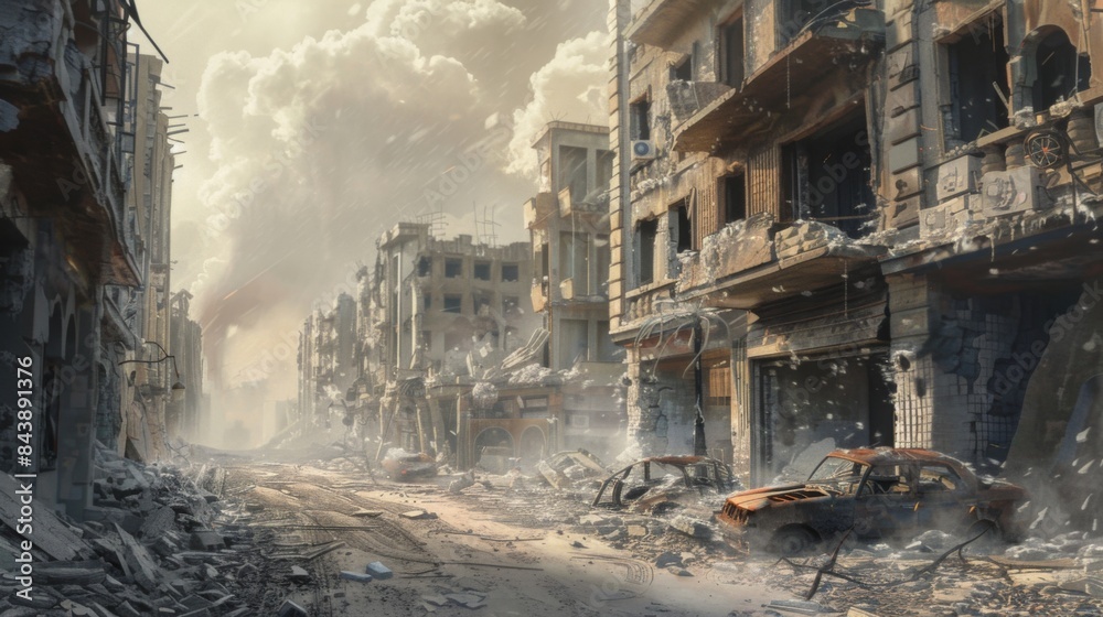 Destroyed city after the war. Dramatic scene of the bombed out city. Human suffering and war