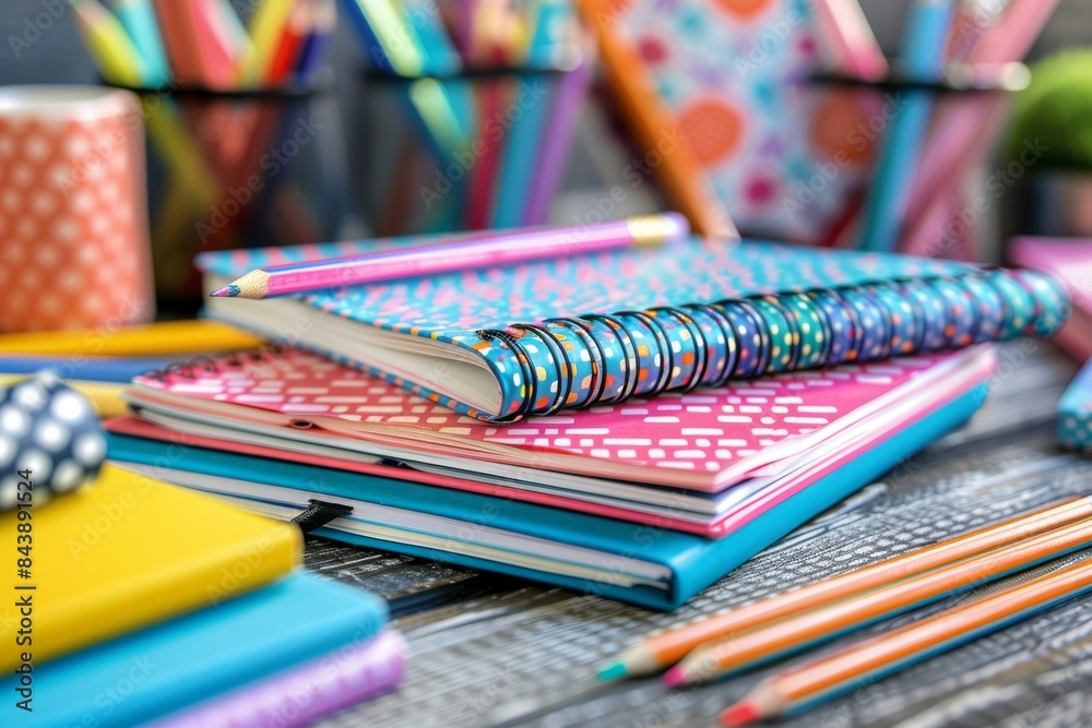 School supplies on a desk, colorful notebooks, pencils, and rulers, ready for the first day of school. School supplies on a desk, colorful notebooks, pencils, and rulers, ready for the first day of school.