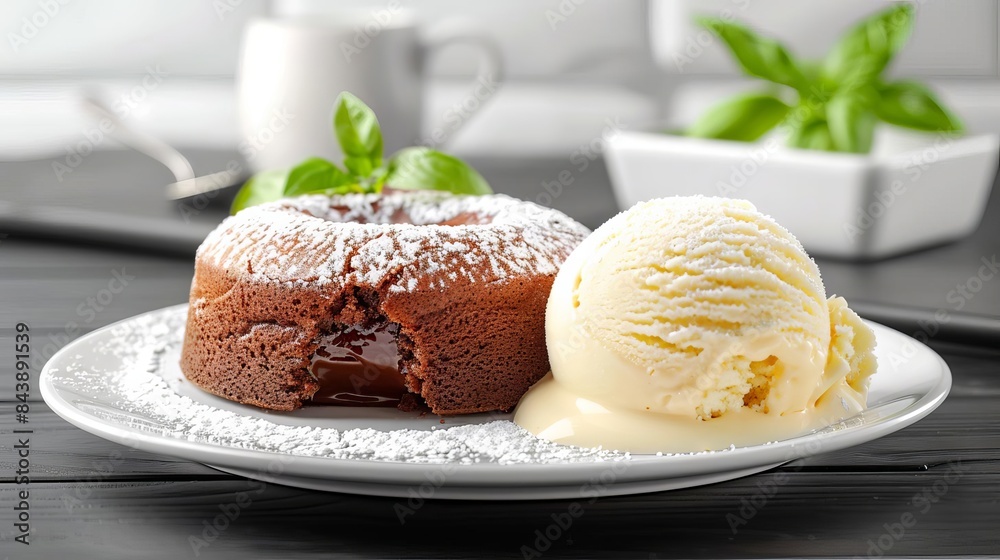 plate of dessert with ice cream and mint leaves plate of dessert with ice cream and mint leaves