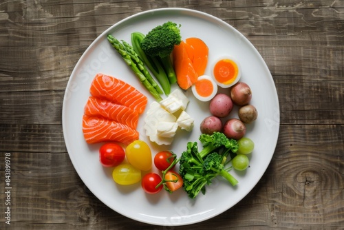 Plate of food that includes salmon, broccoli, tomatoes, eggs, atkins diet plate, food background