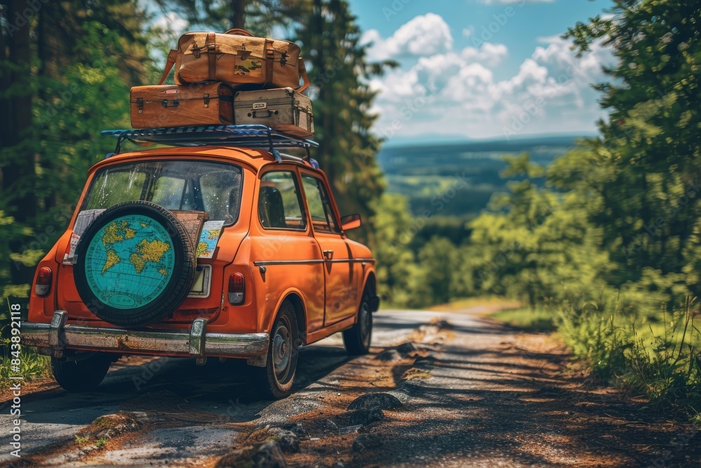 Fototapeta premium Summer road trip: A car packed with suitcases, a map, and travel essentials, parked by a scenic route. 