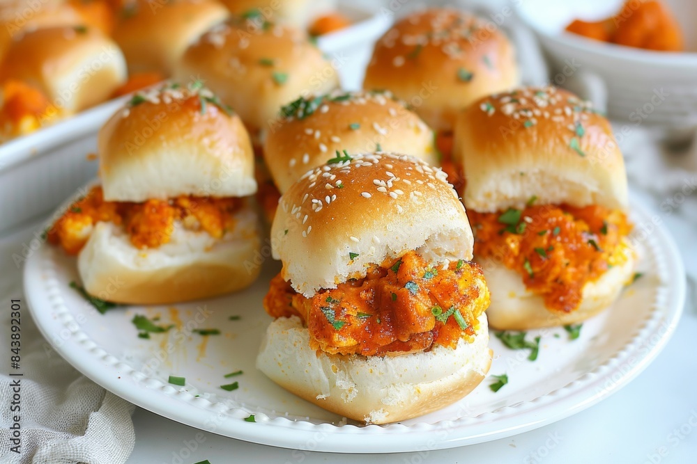 Gourmet buffalo chicken sliders on a white plate Gourmet buffalo chicken sliders on a white plate