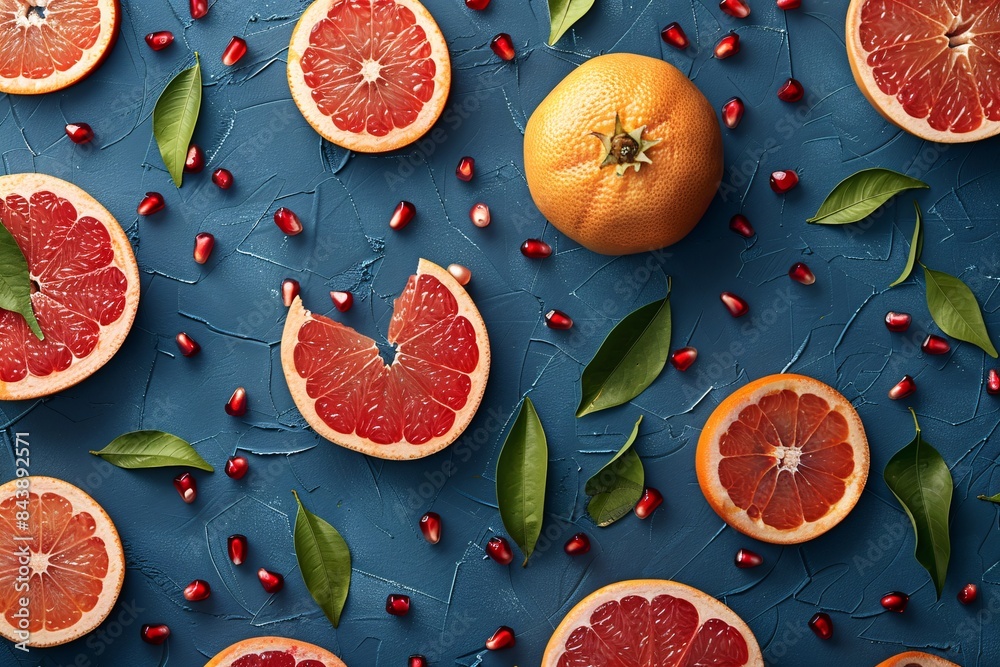 Juicy grapefruit slices and pomegranate seeds scattered on dark blue background, fresh leaves
Juicy grapefruit slices and pomegranate seeds scattered on dark blue background, fresh leaves