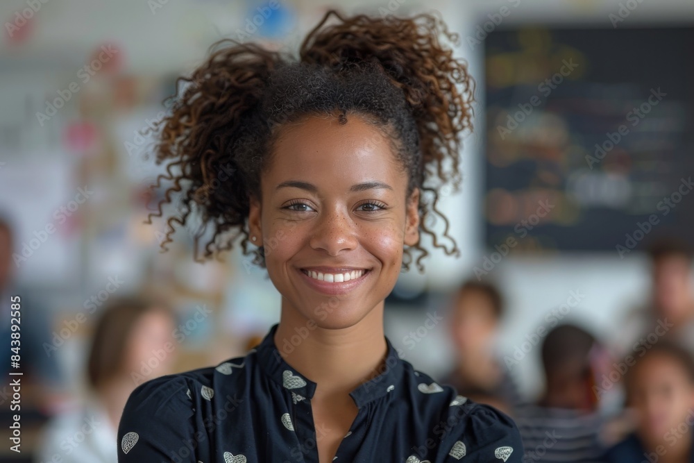 young smiling black school female teacher with blurred modern classroom with kids in the background. Back to school concept young smiling black school female teacher with blurred modern classroom with kids in the background. Back to school concept