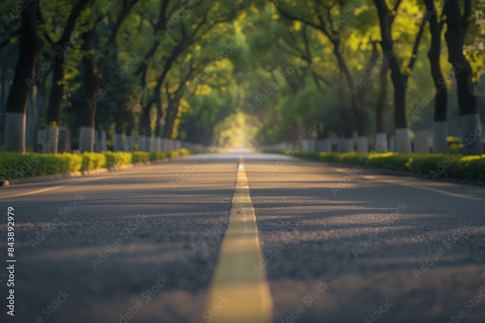 Fototapeta premium asphalt road with a crisp center line flanked by neatly aligned trees on both sides