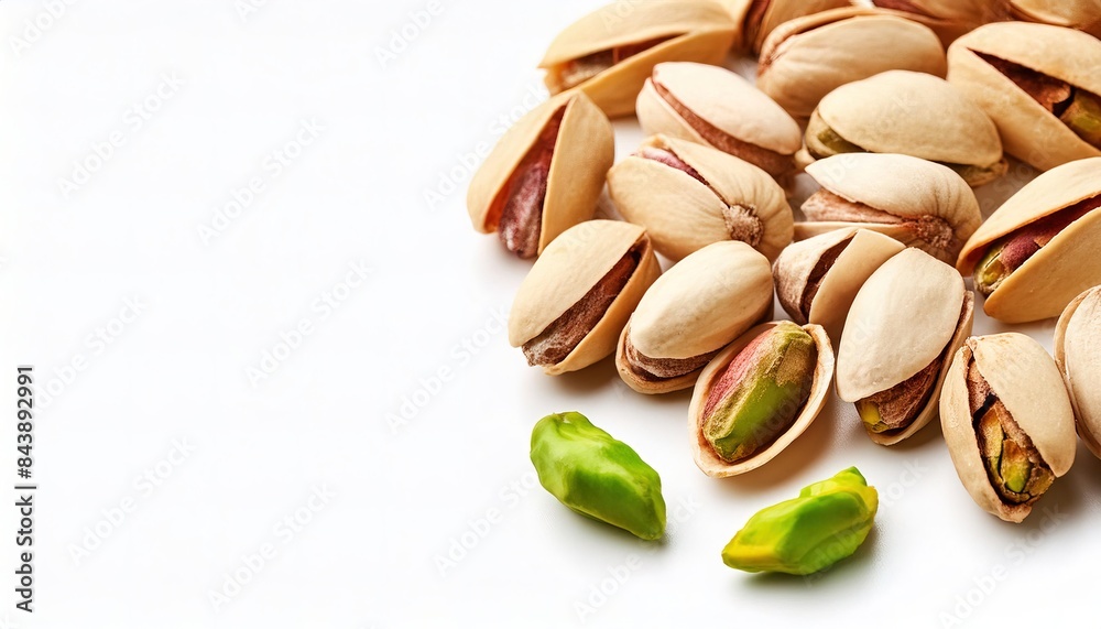 Pistachio - Pistacia vera - a snack, salad garnish, or pizza topping, or even in baking, adding a beautiful green color to various desserts and dishes. isolated on white background with copy space. Pistachio - Pistacia vera - a snack, salad garnish, or pizza topping, or even in baking, adding a beautiful green color to various desserts and dishes. isolated on white background with copy space.