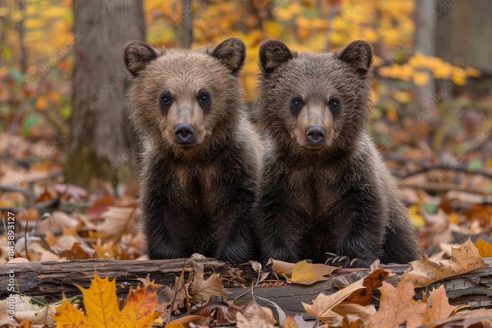 Obraz premium Fall Forest: 2 Bear Cubs Exploring Woods