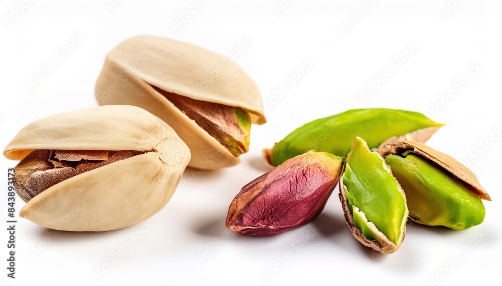 Pistachio - Pistacia vera - a snack, salad garnish, or pizza topping, or even in baking, adding a beautiful green color to various desserts and dishes. isolated on white background with copy space. Pistachio - Pistacia vera - a snack, salad garnish, or pizza topping, or even in baking, adding a beautiful green color to various desserts and dishes. isolated on white background with copy space.