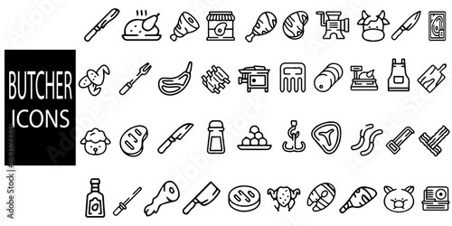 Butcher icons simple concept 40 icons set. Butcher cuts meat.Vector illustration.