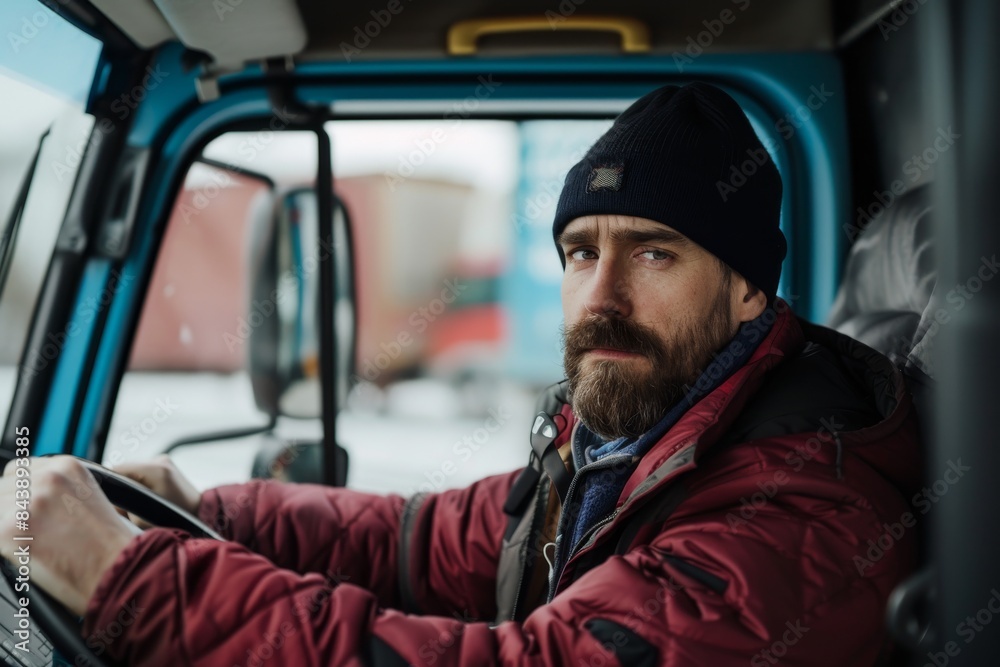Photo of an attractive truck driver sitting in the cab driving his blue and white truck. He is wearing a dark red jacket with a black cap on his head and has a beard. He has one hand on the wheel