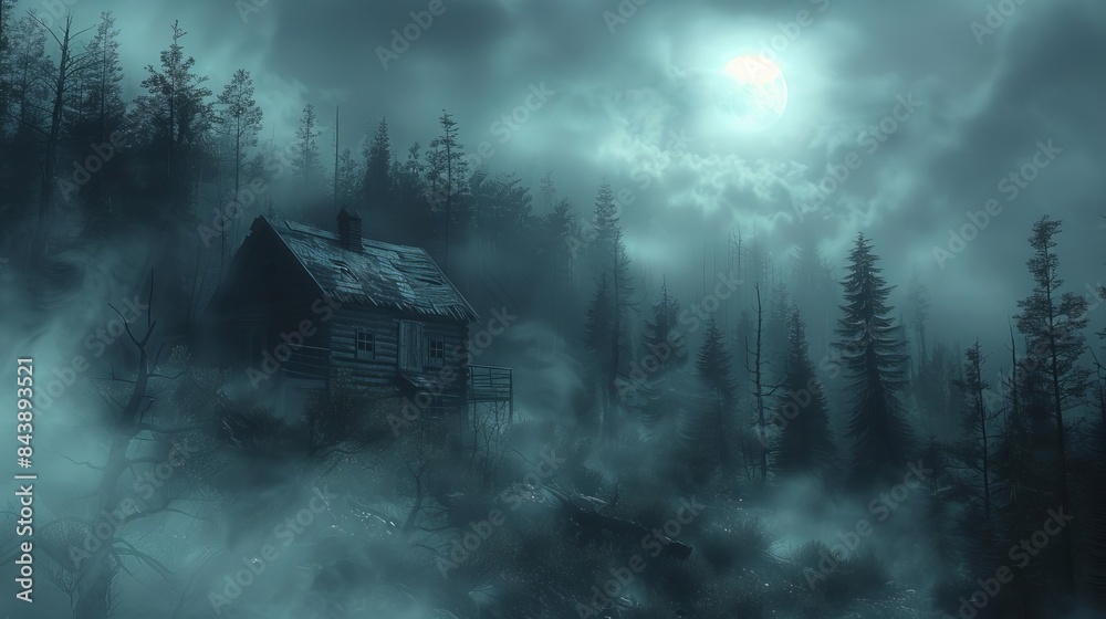 cabin in the woods with fog and a full moon cabin in the woods with fog and a full moon