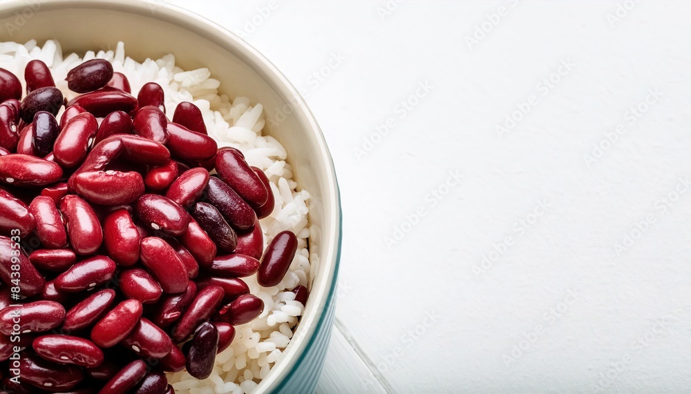 Red beans - Adzuki bean - Vigna angularis - and rice is an emblematic dish of Louisiana Creole, Japanese, Korean, and Chinese cuisine. Isolated on white background with copy space Red beans - Adzuki bean - Vigna angularis - and rice is an emblematic dish of Louisiana Creole, Japanese, Korean, and Chinese cuisine. Isolated on white background with copy space