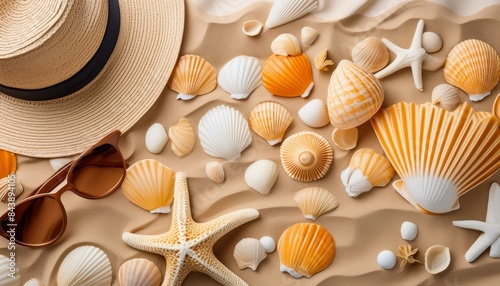 Sunbathe accessories with sea sand and shells, top view. Beach flat lay