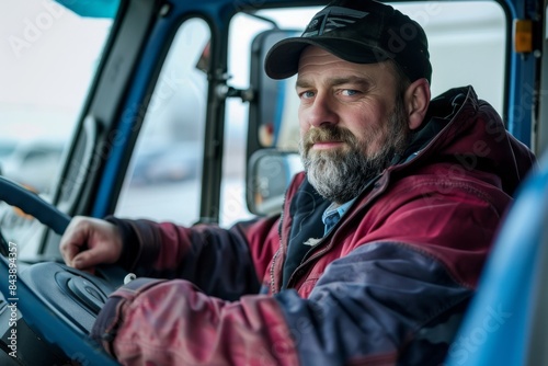 Photo of an attractive truck driver sitting in the cab driving his blue and white truck. He is wearing a dark red jacket with a black cap on his head and has a beard. He has one hand on the wheel