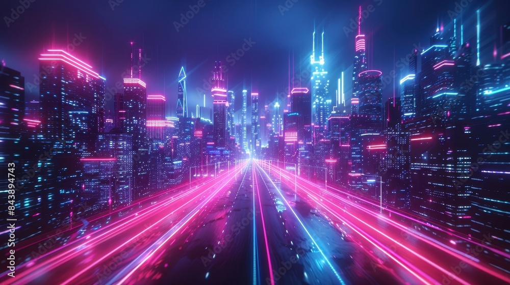 Playful neon fireworks bursting over a minimal, dark cityscape Playful neon fireworks bursting over a minimal, dark cityscape