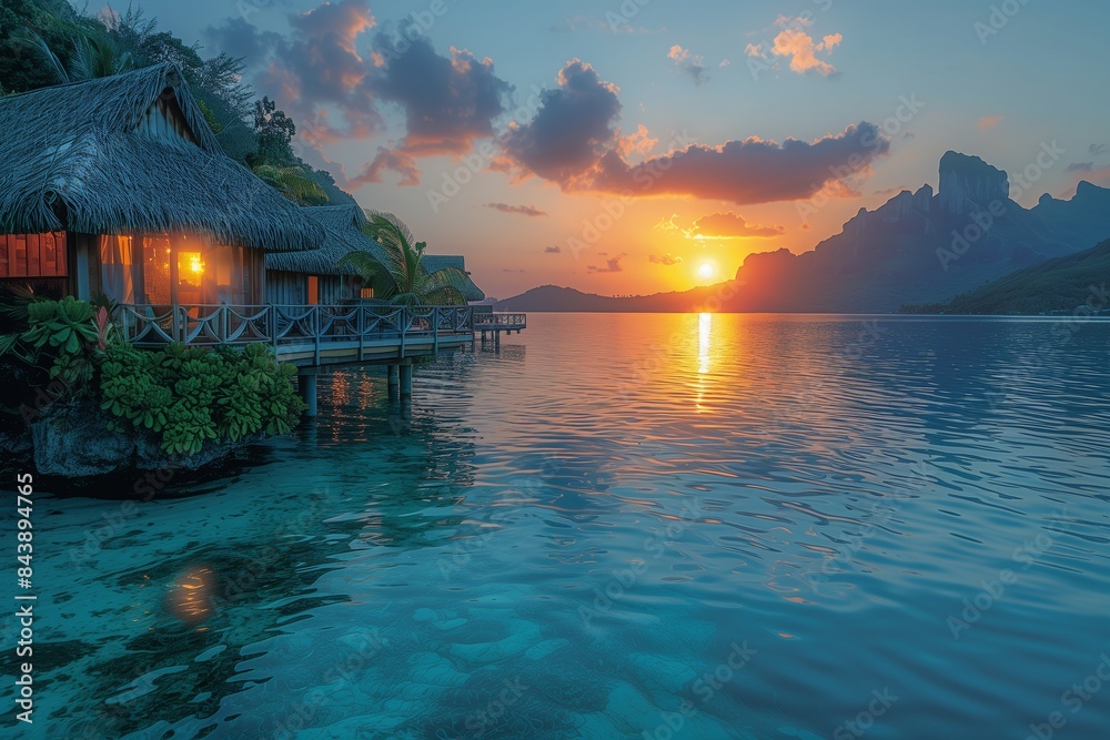 Fototapeta premium Bora Bora Sunset: Mesmerizing Evening Sky Over Tropical Paradise.