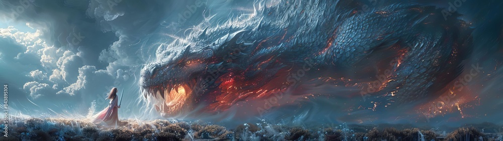 Naklejka premium woman standing in front of a huge, raging mountain