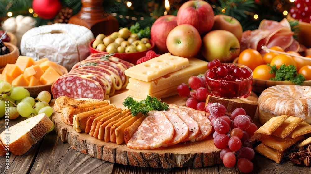 A festive table laden with a variety of delicacies: cheeses, sausages, fruits, nuts and pastries. Product range A festive table laden with a variety of delicacies: cheeses, sausages, fruits, nuts and pastries. Product range