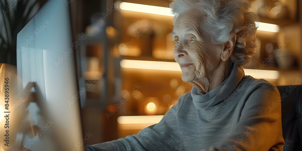 Elderly woman working remotely on a computer. Concept Remote Work, Elderly, Technology, Senior Citizen, Working from Home Elderly woman working remotely on a computer. Concept Remote Work, Elderly, Technology, Senior Citizen, Working from Home