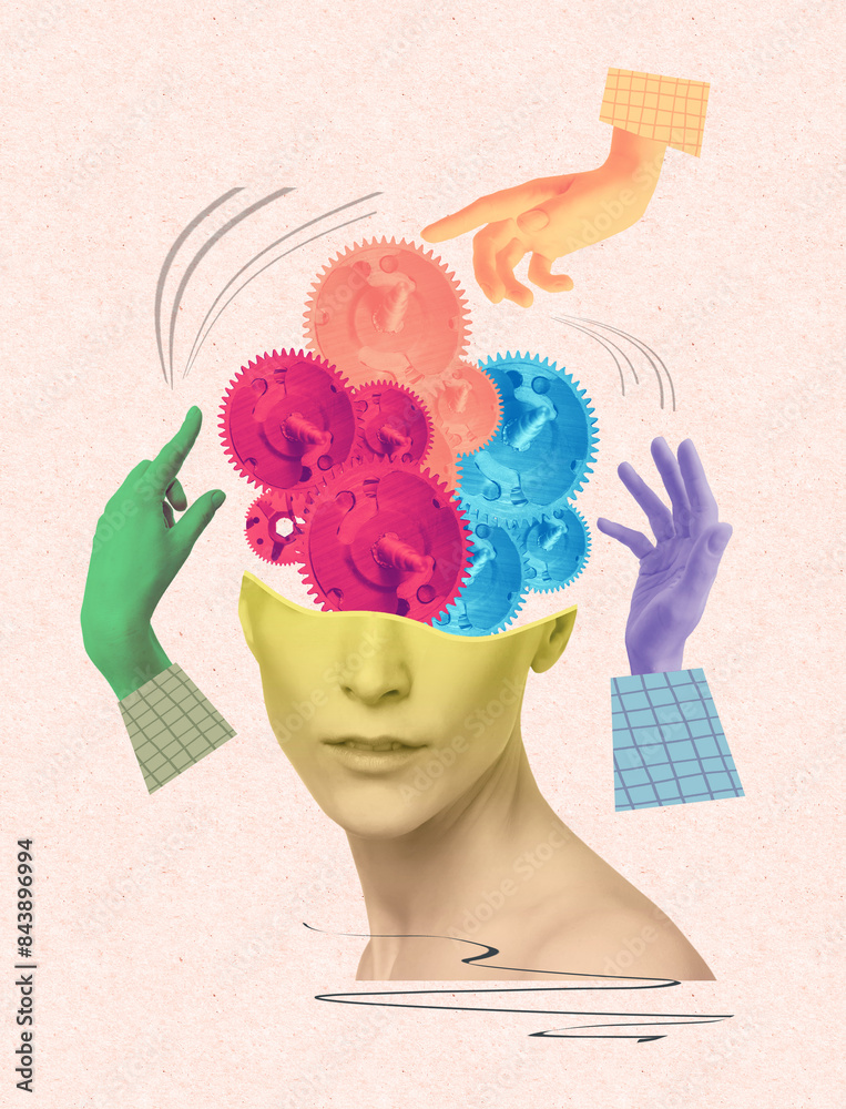 Contemporary art collage, design. Abstract hand near human head, working with mental issues. Psychiatrist. Concept of medical assistance, treatment, mental treatment