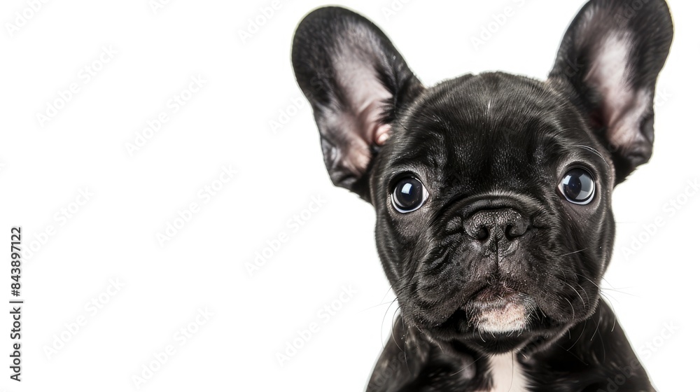 A French bulldog puppy with a black coat on a white background A French bulldog puppy with a black coat on a white background