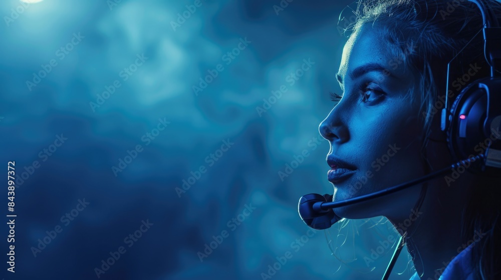 Fototapeta premium Woman wearing headset under blue lights