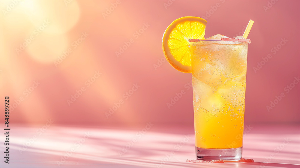 Orange cold drink on sunny deep pink background with shadows and bokeh. Orange cold drink on sunny deep pink background with shadows and bokeh.
