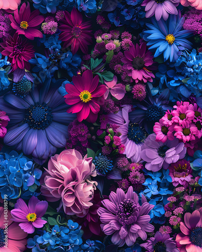 A vibrant and colorful arrangement of various purple and pink flowers captured in a stunning floral pattern.