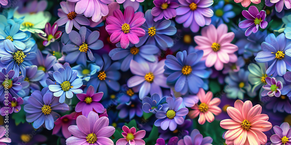 A vibrant close-up of blooming purple and pink flowers in a garden setting, showcasing the beauty and variety of nature's floral palette.