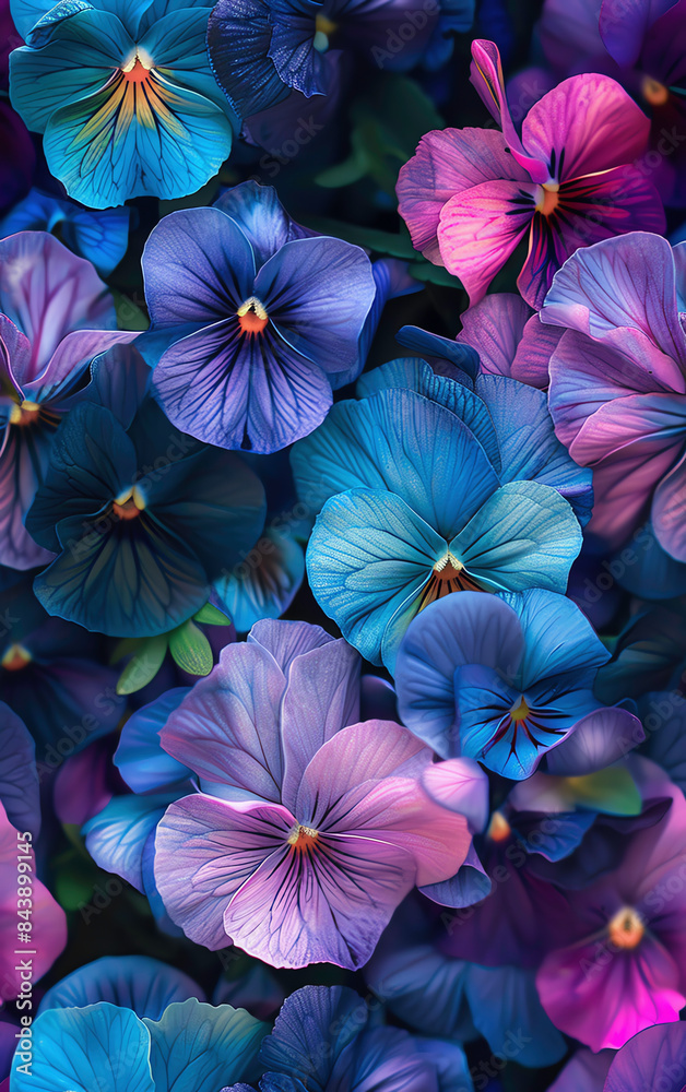 A vibrant collection of purple and blue pansy flowers in full bloom, captured in close-up, showcasing their delicate petals and natural beauty. A vibrant collection of purple and blue pansy flowers in full bloom, captured in close-up, showcasing their delicate petals and natural beauty.